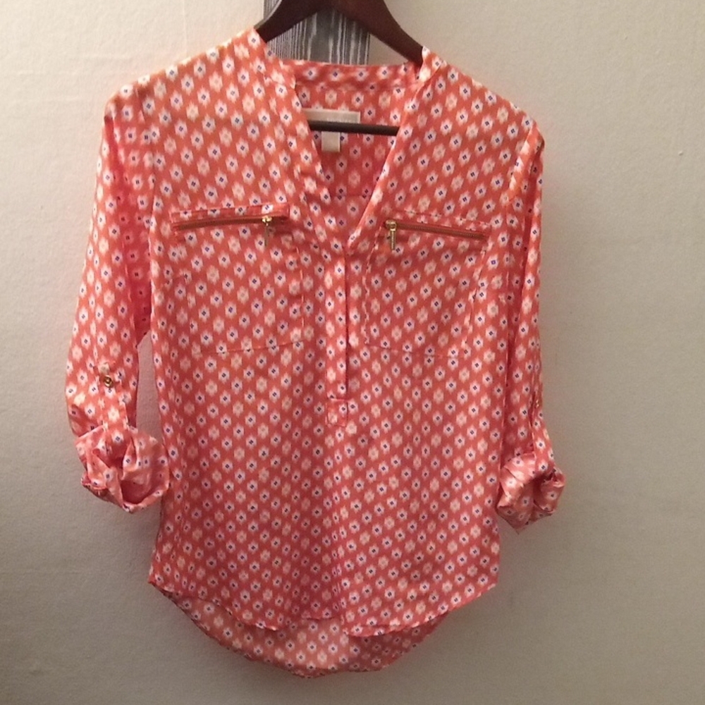 Michael Kors Red 3/4 Sleeve Button Down Blouse